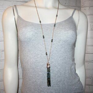 Beautiful gold, green and blue crystal tassel necklace 35"